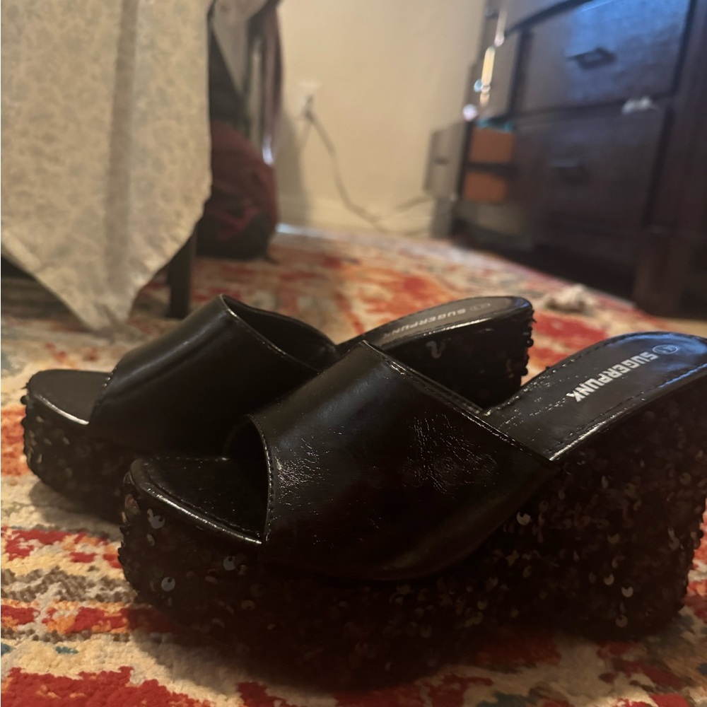 Black Platform Sequin Slide Sandals